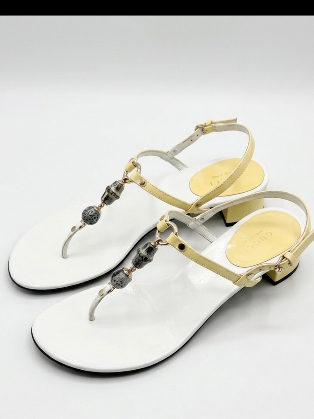 Gucci White and Pale Yellow Beaded T-Strap Sandals size 9B